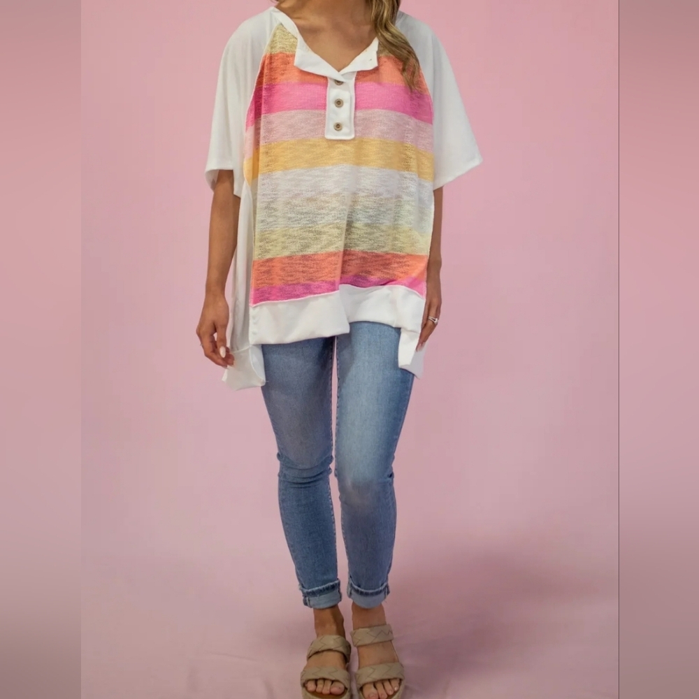 EUC BIBI Oversized Colorful Striped Women's Top Sz XL